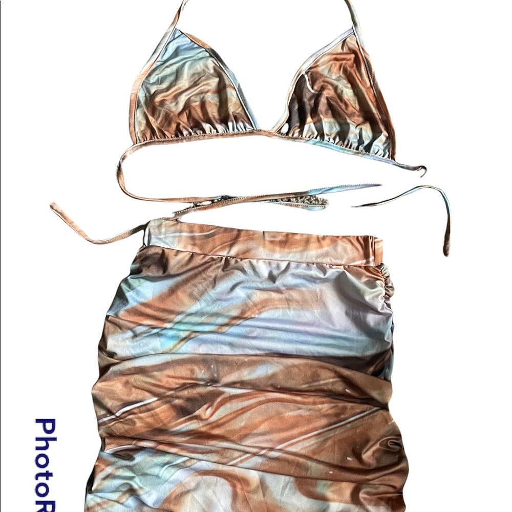 marble blue and brown two piece skirt set